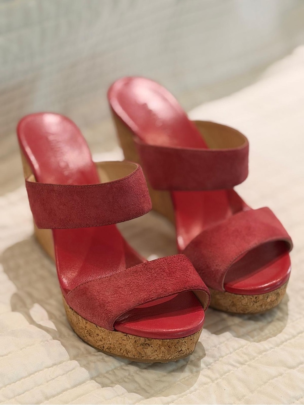 Red Suede Cork Wedge Sandals - Women